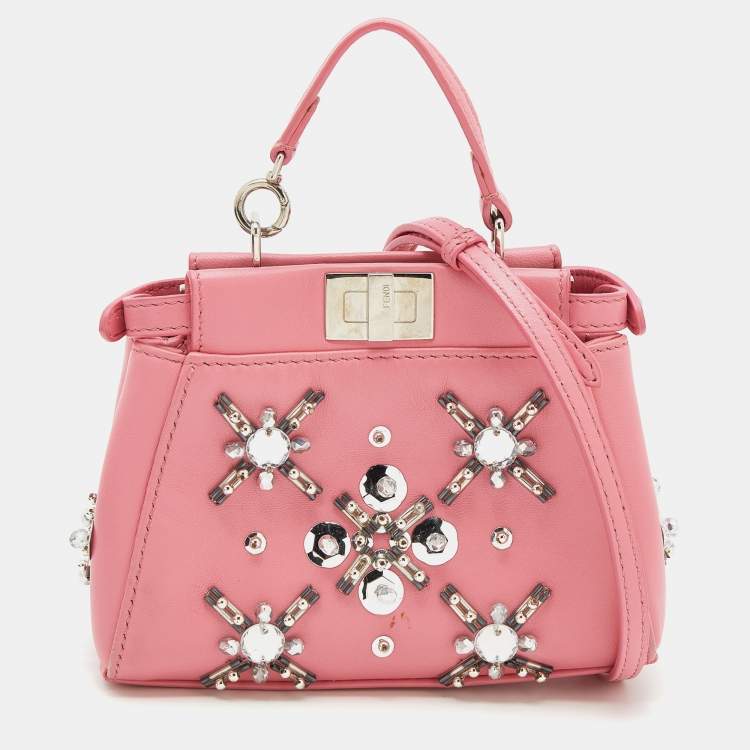 Pre Owned Fendi Pink Leather Crystal Embellished Micro Peekaboo Top Handle Bag