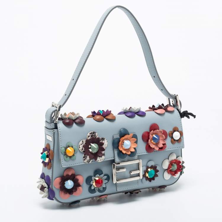 Pre Owned Fendi Dust Blue Flowerland Leather Baguette Bag