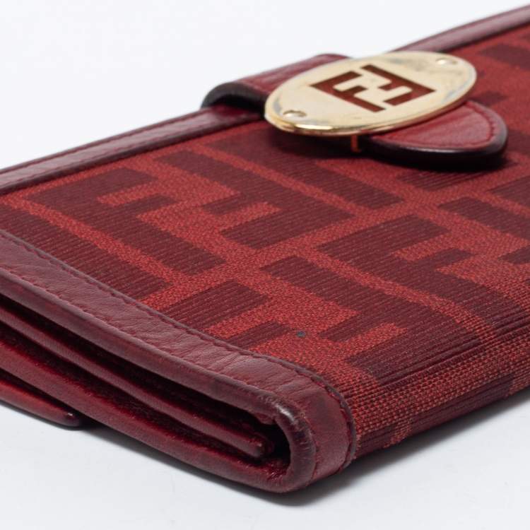 Pre Owned Fendi Red Zucca Canvas and Leather Flap Continental Wallet