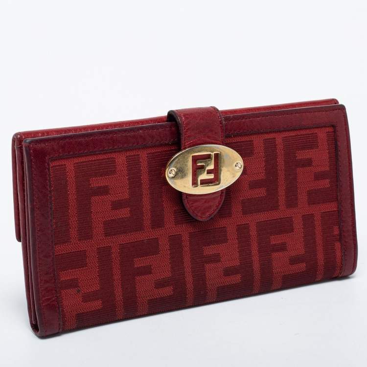 Pre Owned Fendi Red Zucca Canvas and Leather Flap Continental Wallet