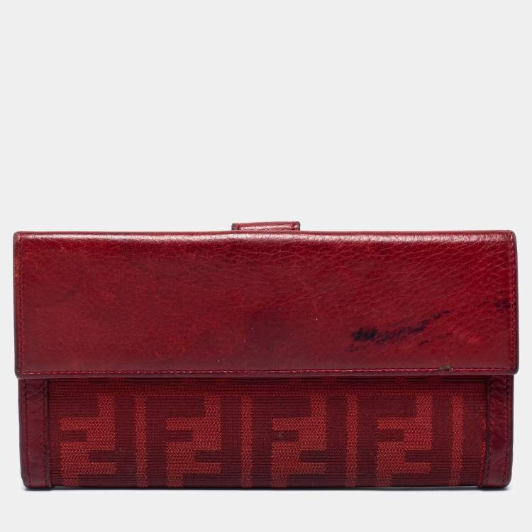 Pre Owned Fendi Red Zucca Canvas and Leather Flap Continental Wallet