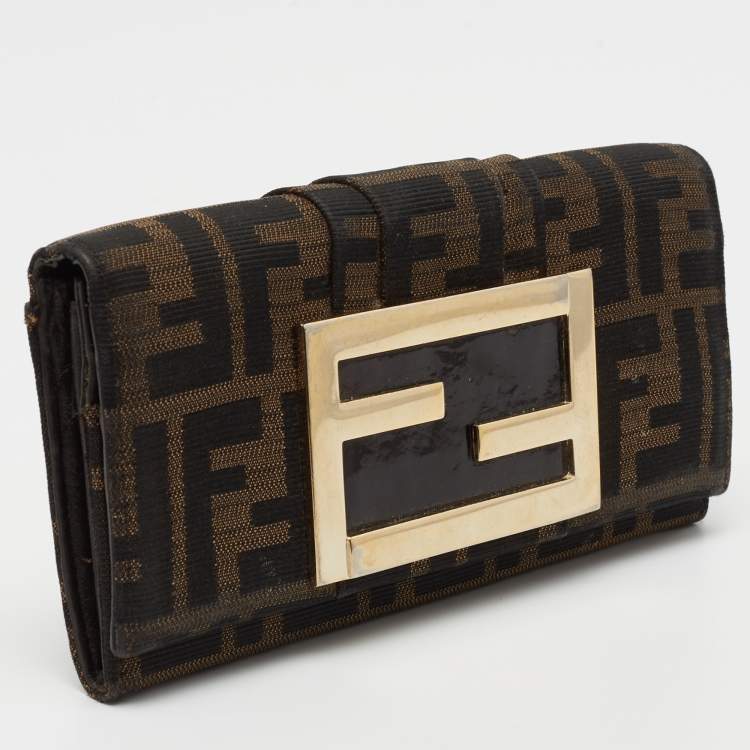 Pre Owned Fendi Beige/Brown Zucca Canvas and Leather Flap Continental Wallet
