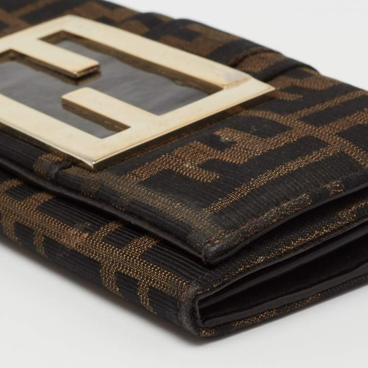 Pre Owned Fendi Beige/Brown Zucca Canvas and Leather Flap Continental Wallet