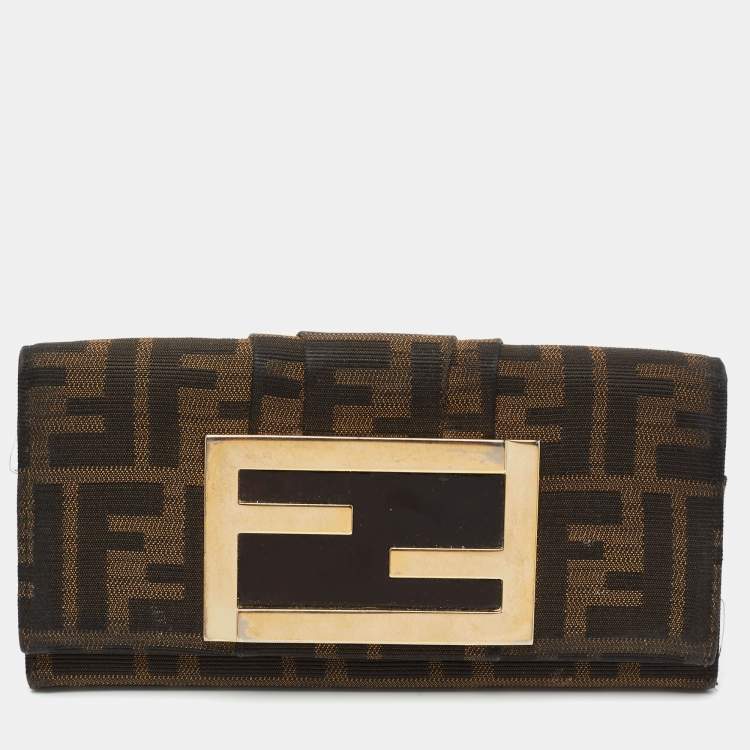 Pre Owned Fendi Beige/Brown Zucca Canvas and Leather Flap Continental Wallet