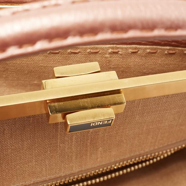 Pre Owned Fendi Metallic Pink Selleria Leather Large Peekaboo Top Handle Bag