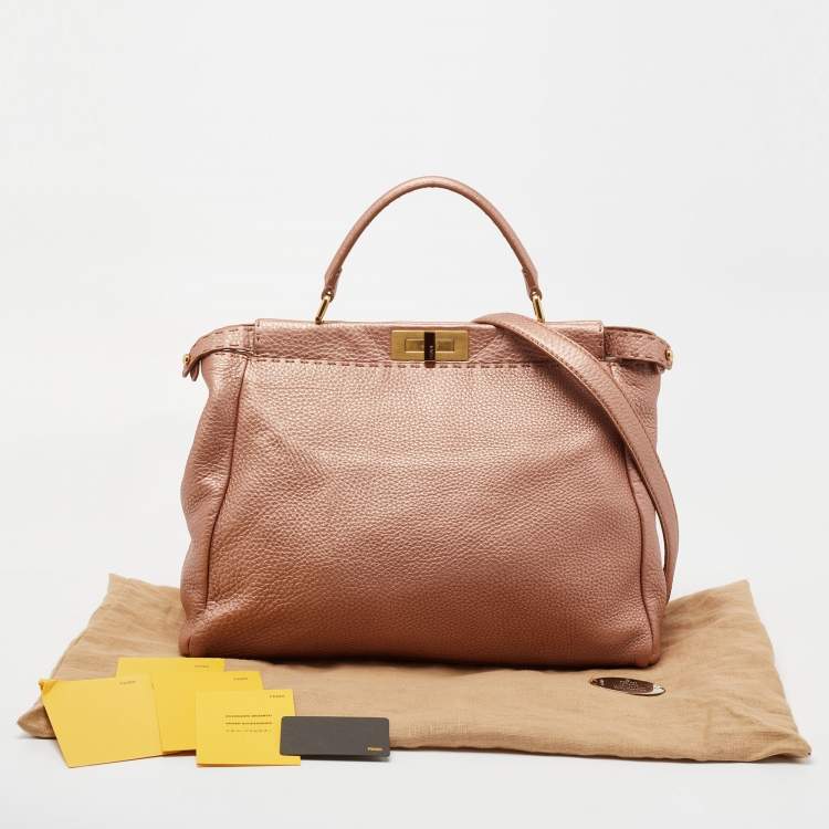 Pre Owned Fendi Metallic Pink Selleria Leather Large Peekaboo Top Handle Bag