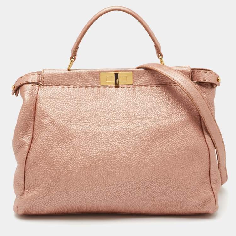 Pre Owned Fendi Metallic Pink Selleria Leather Large Peekaboo Top Handle Bag