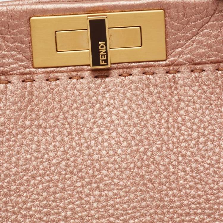 Pre Owned Fendi Metallic Pink Selleria Leather Large Peekaboo Top Handle Bag