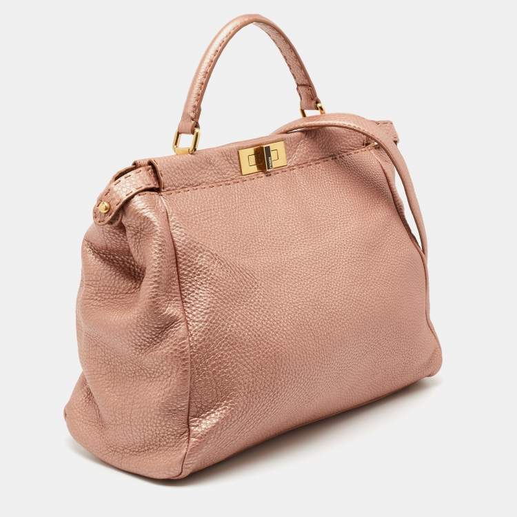 Pre Owned Fendi Metallic Pink Selleria Leather Large Peekaboo Top Handle Bag