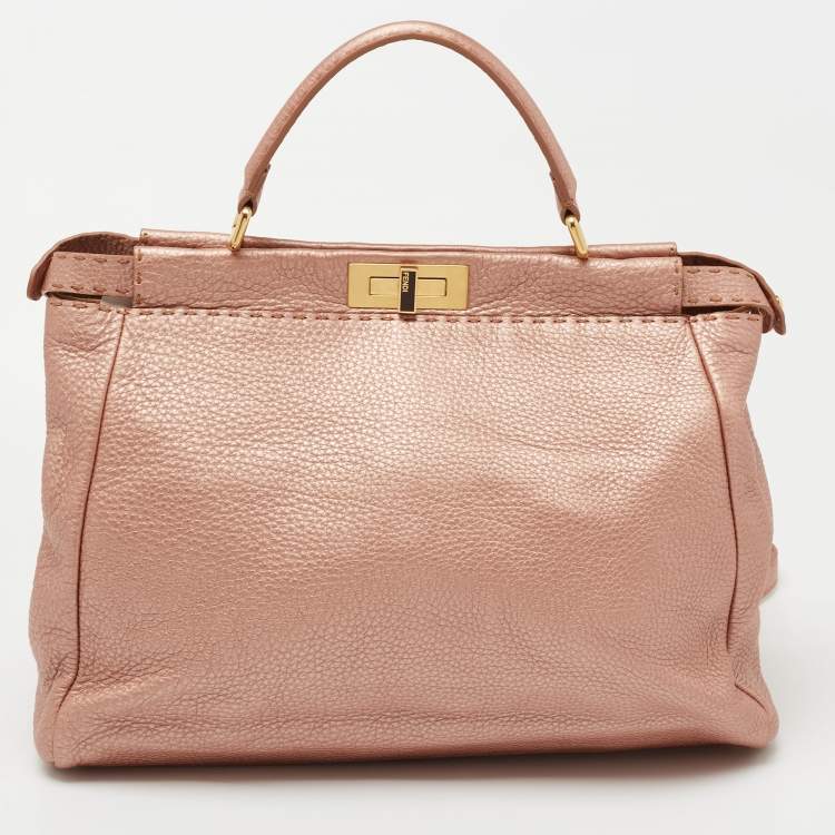 Pre Owned Fendi Metallic Pink Selleria Leather Large Peekaboo Top Handle Bag