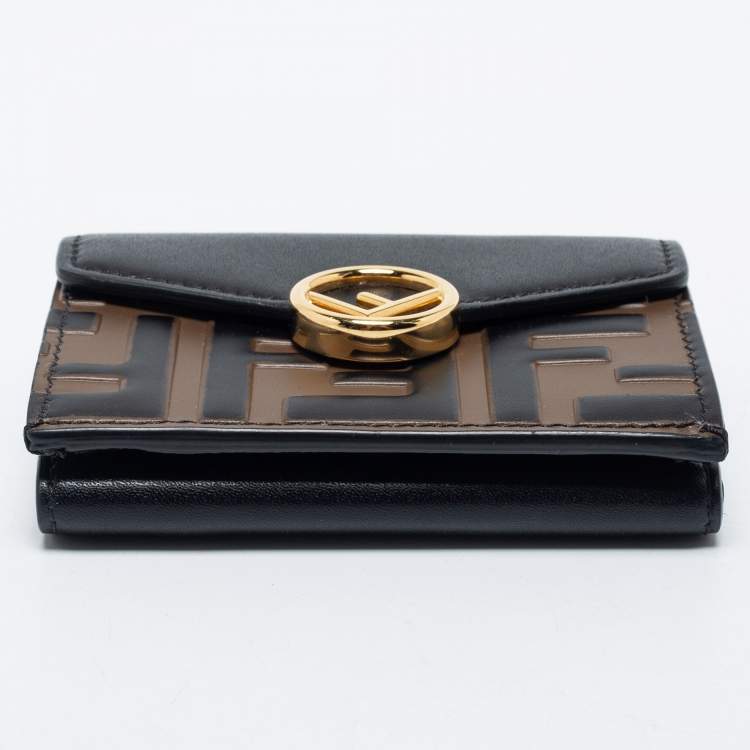Pre Owned Fendi Black/Tobacco Zucca Embossed Leather Micro F is Fendi Trifold Wallet
