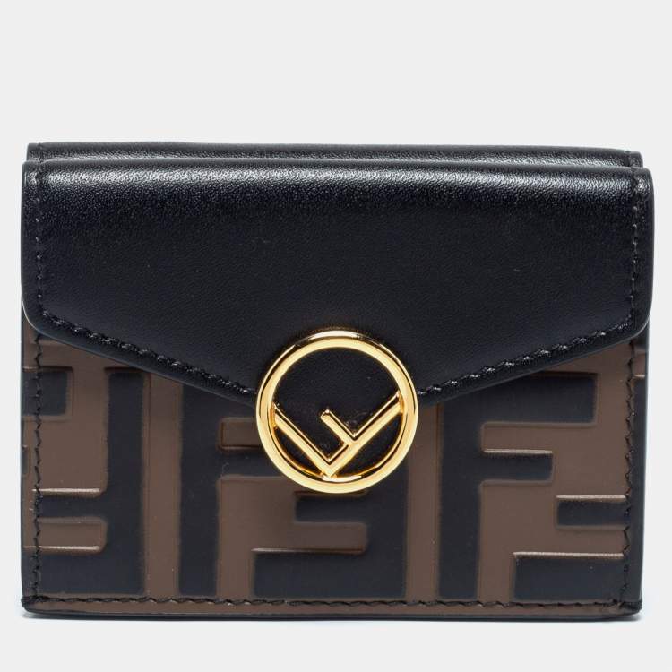 Pre Owned Fendi Black/Tobacco Zucca Embossed Leather Micro F is Fendi Trifold Wallet