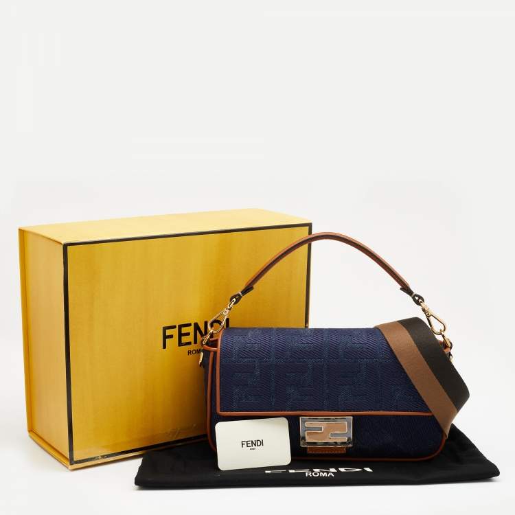 Pre Owned Fendi Blue/Brown Denim and Leather Baguette Crossbody Bag