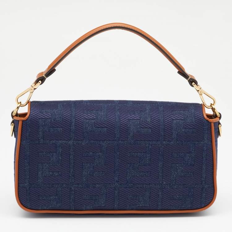 Pre Owned Fendi Blue/Brown Denim and Leather Baguette Crossbody Bag