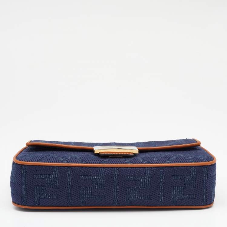 Pre Owned Fendi Blue/Brown Denim and Leather Baguette Crossbody Bag