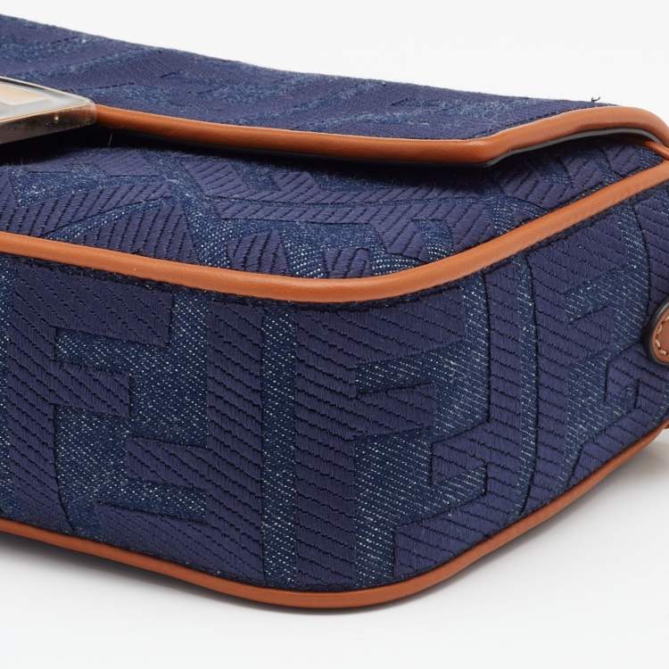 Pre Owned Fendi Blue/Brown Denim and Leather Baguette Crossbody Bag