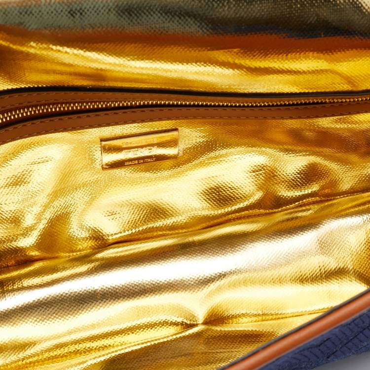 Pre Owned Fendi Blue/Brown Denim and Leather Baguette Crossbody Bag