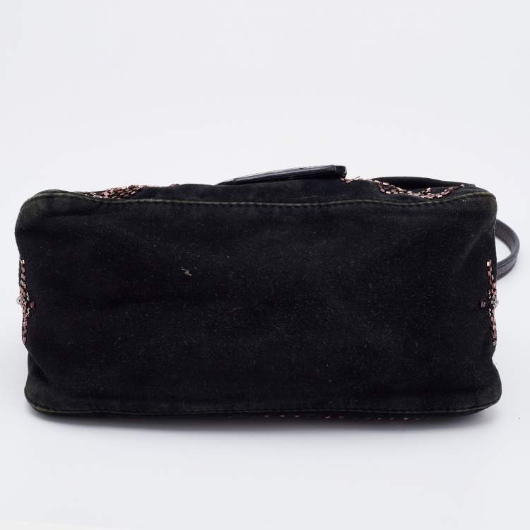 Pre Owned Fendi Black Suede Bead Embellishment Baguette Shoulder Bag
