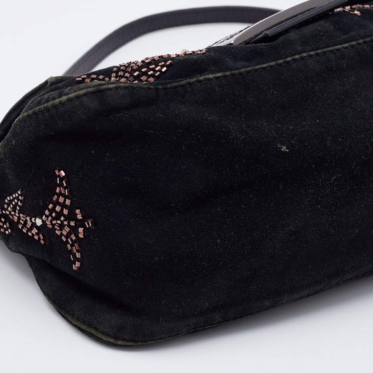 Pre Owned Fendi Black Suede Bead Embellishment Baguette Shoulder Bag