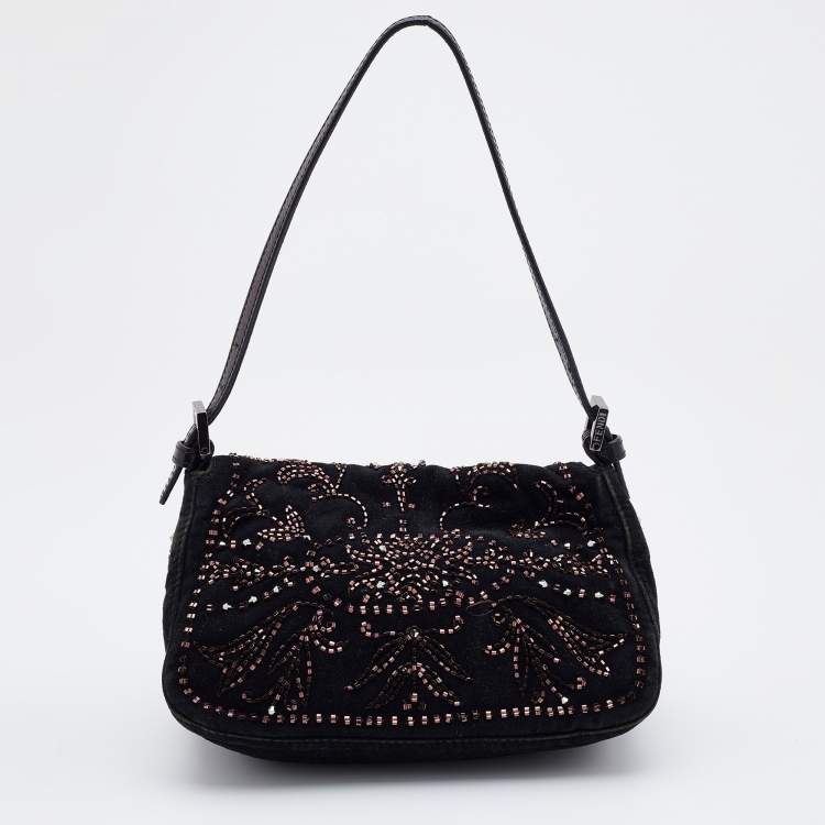 Pre Owned Fendi Black Suede Bead Embellishment Baguette Shoulder Bag