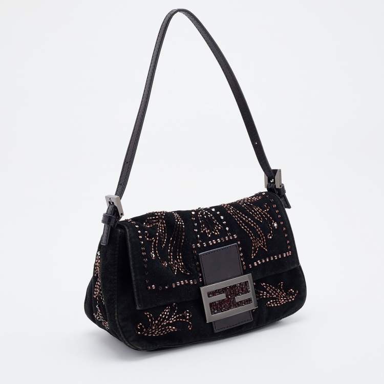 Pre Owned Fendi Black Suede Bead Embellishment Baguette Shoulder Bag