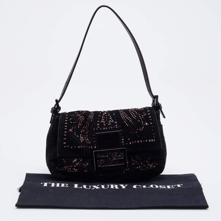 Pre Owned Fendi Black Suede Bead Embellishment Baguette Shoulder Bag