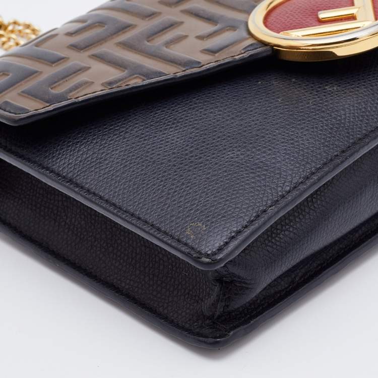 Pre Owned Fendi Brown/Black Leather Double FF Wallet On Chain