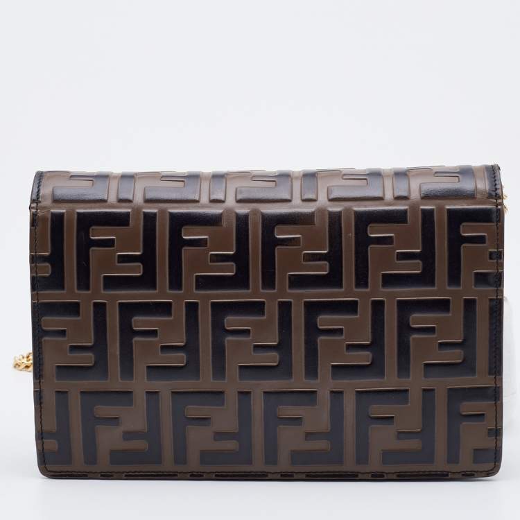Pre Owned Fendi Brown/Black Leather Double FF Wallet On Chain