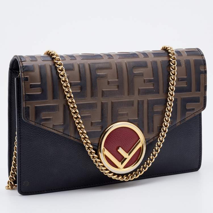 Pre Owned Fendi Brown/Black Leather Double FF Wallet On Chain