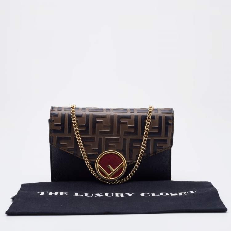Pre Owned Fendi Brown/Black Leather Double FF Wallet On Chain