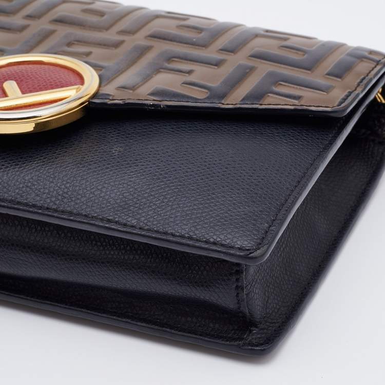 Pre Owned Fendi Brown/Black Leather Double FF Wallet On Chain