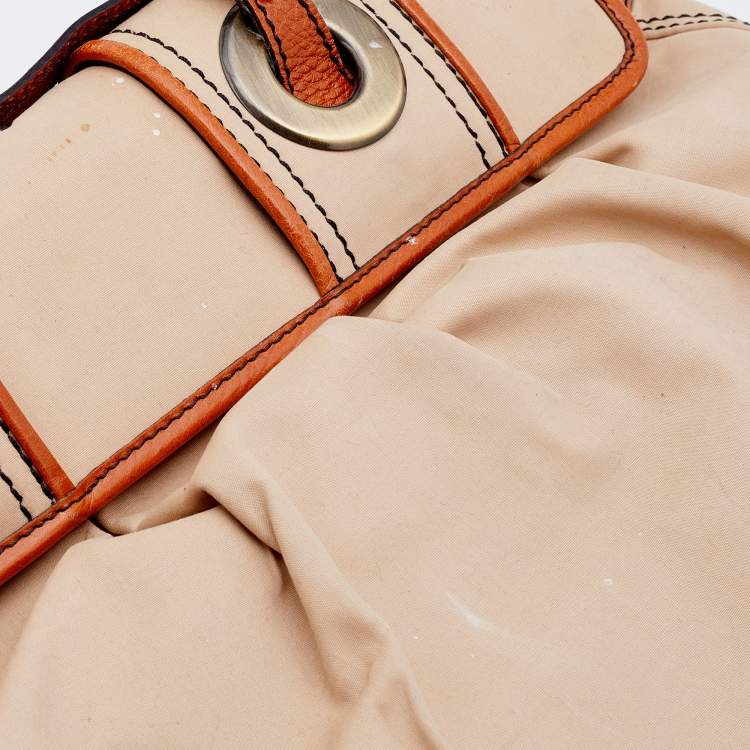 Pre Owned Fendi Beige/Tan Fabric and Leather Large B Bag Shoulder Bag