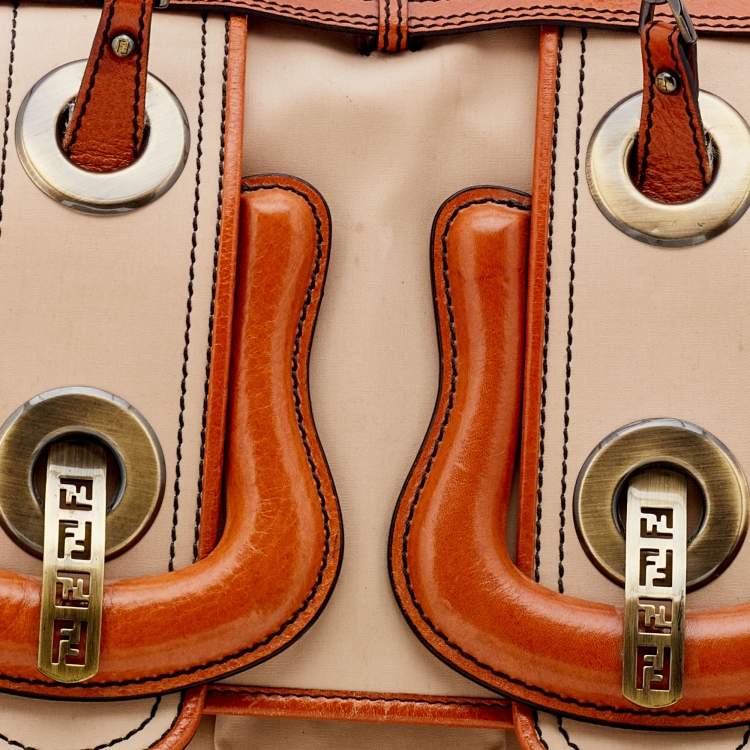 Pre Owned Fendi Beige/Tan Fabric and Leather Large B Bag Shoulder Bag