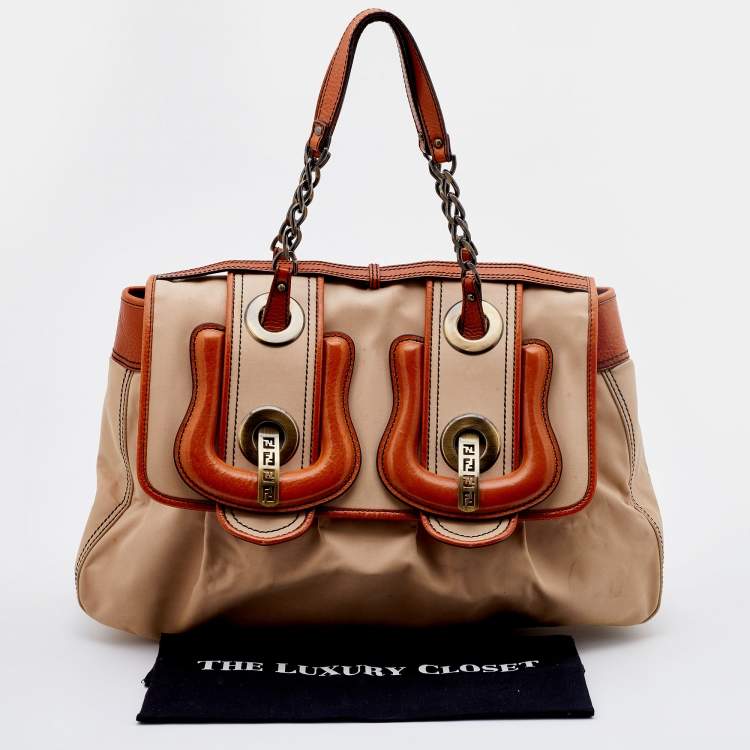 Pre Owned Fendi Beige/Tan Fabric and Leather Large B Bag Shoulder Bag