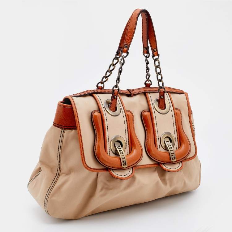 Pre Owned Fendi Beige/Tan Fabric and Leather Large B Bag Shoulder Bag