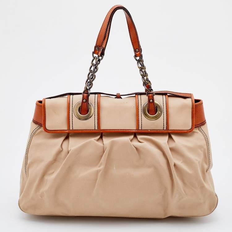Pre Owned Fendi Beige/Tan Fabric and Leather Large B Bag Shoulder Bag