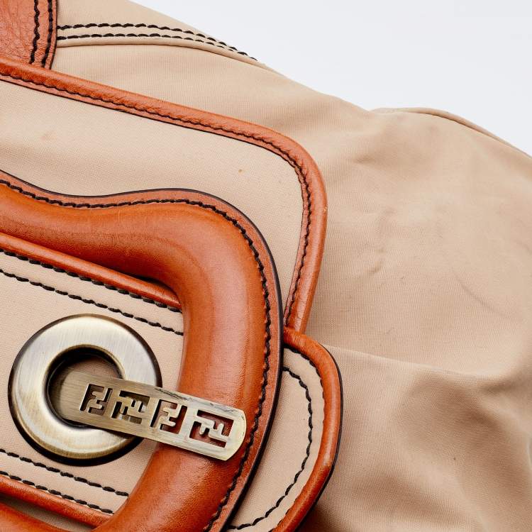Pre Owned Fendi Beige/Tan Fabric and Leather Large B Bag Shoulder Bag
