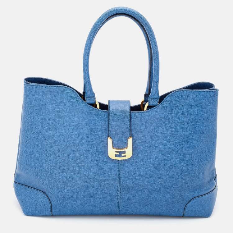 Pre Owned Fendi Blue Leather Chameleon Shopping Tote