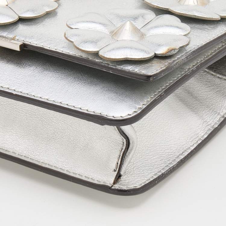 Pre Owned Fendi Metallic Silver Leather Flowerland Tube Wallet on Chain