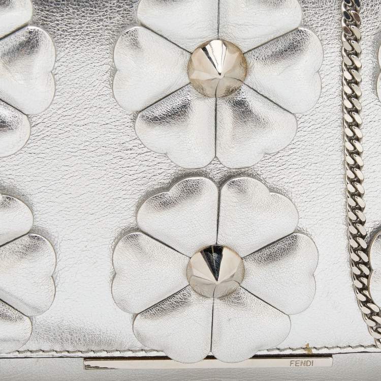 Pre Owned Fendi Metallic Silver Leather Flowerland Tube Wallet on Chain