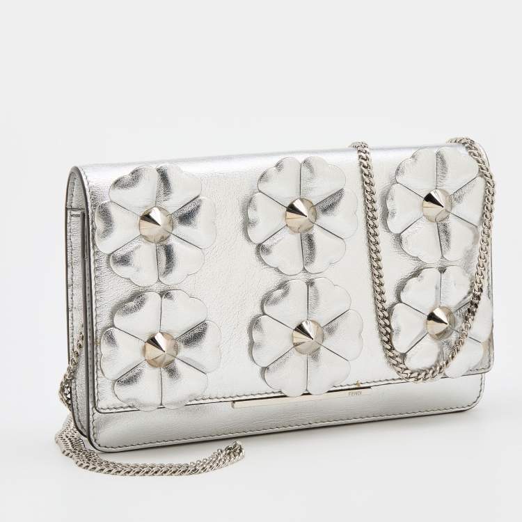 Pre Owned Fendi Metallic Silver Leather Flowerland Tube Wallet on Chain