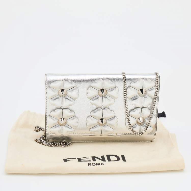 Pre Owned Fendi Metallic Silver Leather Flowerland Tube Wallet on Chain