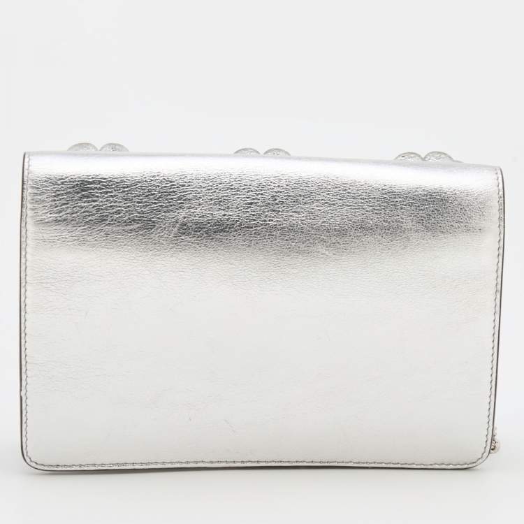 Pre Owned Fendi Metallic Silver Leather Flowerland Tube Wallet on Chain
