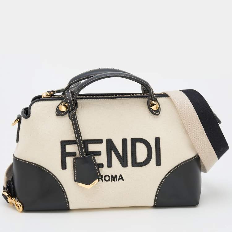 Pre Owned Fendi Off White/Black Canvas and Leather Medium By The Way Shoulder Bag