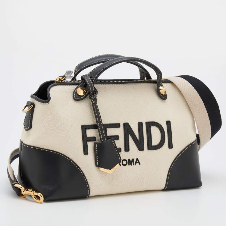 Pre Owned Fendi Off White/Black Canvas and Leather Medium By The Way Shoulder Bag