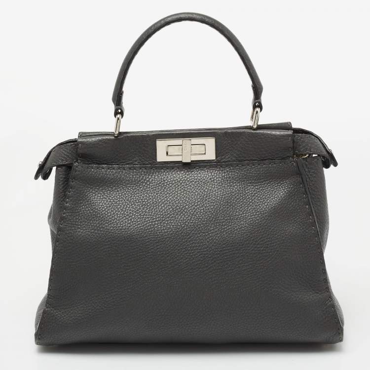 Pre Owned Fendi Grey Leather Peekaboo Top Handle Bag