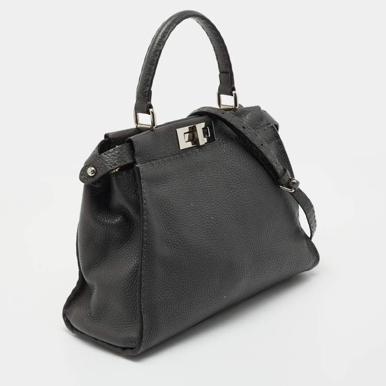 Pre Owned Fendi Grey Leather Peekaboo Top Handle Bag