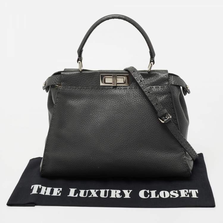 Pre Owned Fendi Grey Leather Peekaboo Top Handle Bag