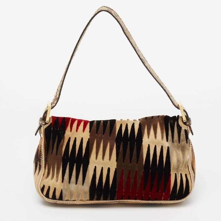 Pre Owned Fendi Multicolor Velvet, Calf Hair and Python Baguette Bag