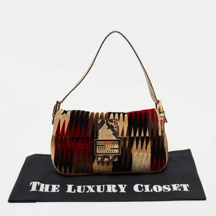 Pre Owned Fendi Multicolor Velvet, Calf Hair and Python Baguette Bag